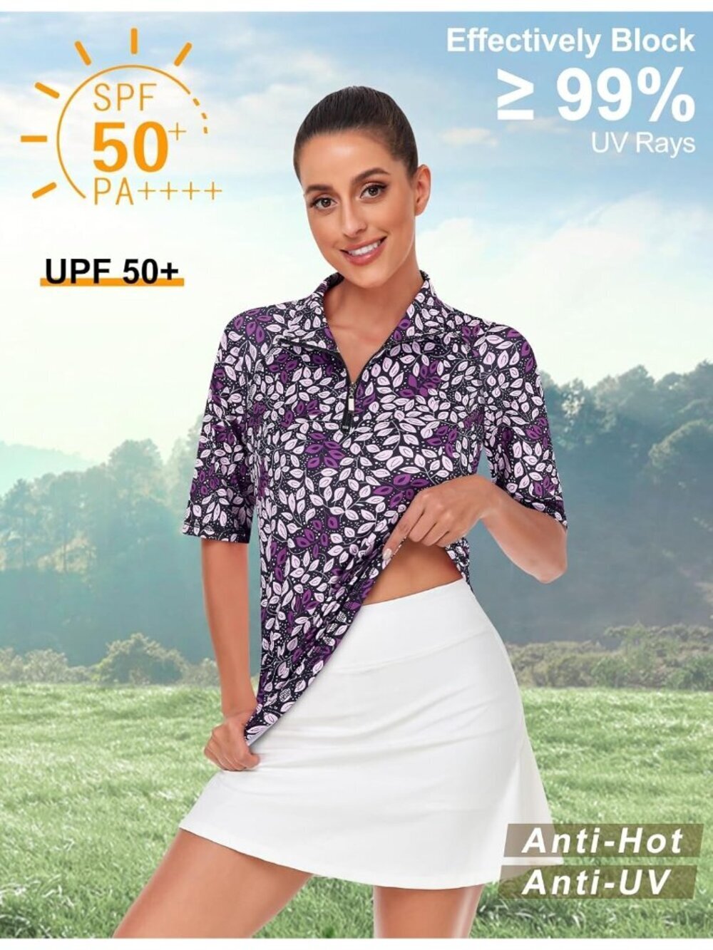 Women Black Purple Leaf Golf Polo Quick Dry Half Sleeve 1/4 Zip Tennis Top M-3XL - Picture 3 of 5